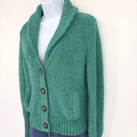 American Eagle Chunky Knit Shawl Collar Cardigan Sweater LG Green‎ Blue Pockets - Picture 2 of 11